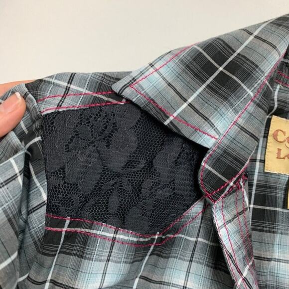 Cowgirl Legend Shirt Women L Large Gray Pink Lace Panel Plaid Pearl Snap Western - Picture 9 of 12